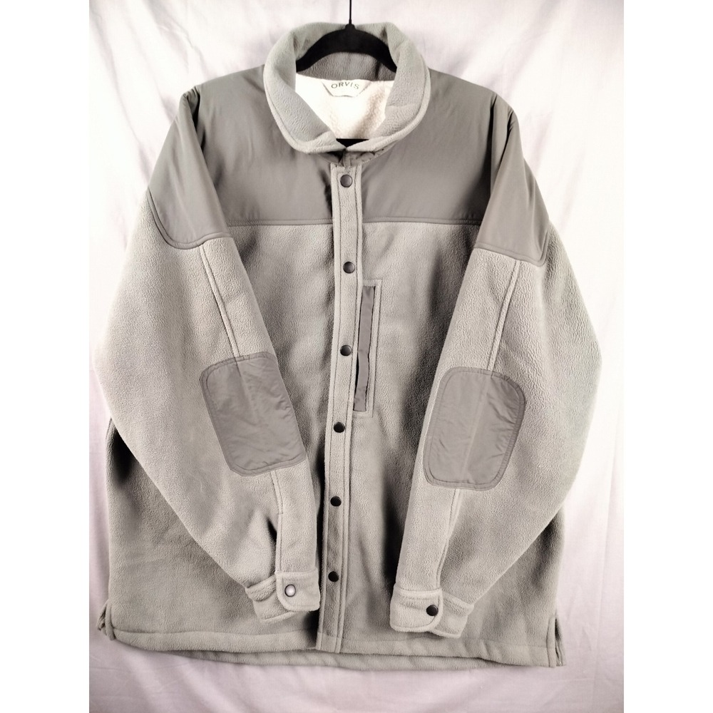 Orvis Jacket Men XL Gray Fleece Sherpa Elbow Patch Snap Front Gorpcore